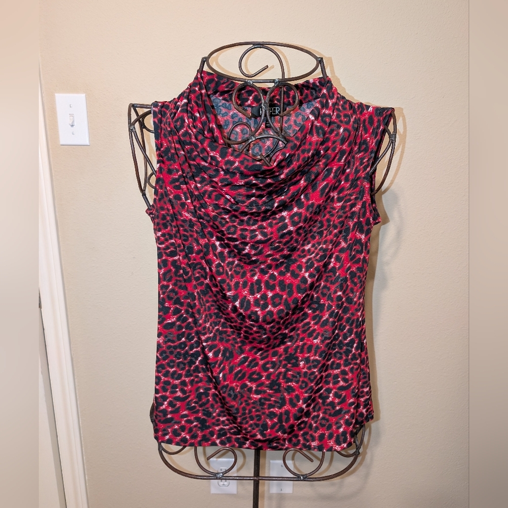 Kasper Cowl Neck Red Leopard Print Sleeveless Blouse